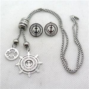 stainless steel necklace and earring, anchor, platinum plated, approx 2.5mm, 18mm, 30mm, 20mm dia [SSNK112]