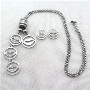 stainless steel necklace and earring, lip, platinum plated, approx 2.5mm, 20mm, 15mm dia [SSNK113]