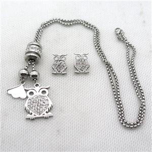 stainless steel necklace and earring, owl, platinum plated, approx 2.5mm, 20-28mm, 12-16mm [SSNK115]
