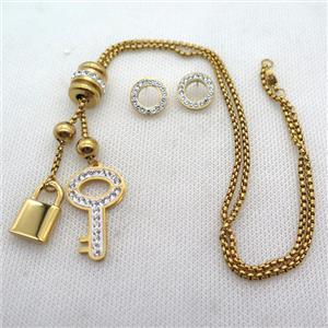 stainless steel necklace and earring, key lock, gold plated, approx 2.5mm, 20-30mm, 13-20mm, 14mm dia [SSNK117]