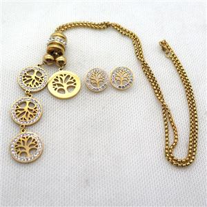 stainless steel necklace and earring, tree of life, gold plated, approx 2.5mm, 18mm, 20mm, 15mm dia [SSNK132]