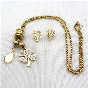 stainless steel necklace and earring, clover, gold plated, approx 2.5mm, 10-16mm, 20-26mm, 12-16mm [SSNK137]
