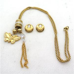 stainless steel necklace and earring, butterfly, gold plated, approx 2.5mm, 18-28mm, 70mm, 15mm dia [SSNK141]