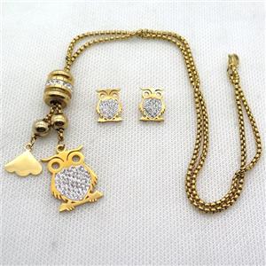 stainless steel necklace and earring, owl, gold plated, approx 2.5mm, 20-28mm, 12-16mm [SSNK143]