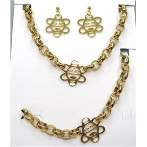 stainless steel necklace and earring studs, gold plated, approx 10x13mm, 30mm, 42cm length, 20cm length [SSNK72]