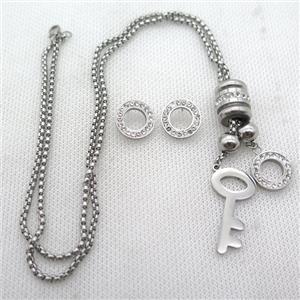 stainless steel jewelry sets, key, platinum plated, approx 2.5mm, 15-30mm, 14mm dia [SSNK99]