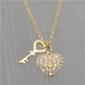 Sterling Silver Necklace pave zircon, heart-key, gold plated, approx 8mm, 42cm length [STS0019]