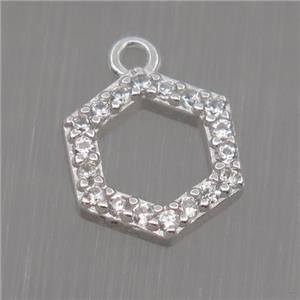 Sterling Silver Hexagon pendant paved zircon, platinum plated, approx 8mm dia [STS0145]