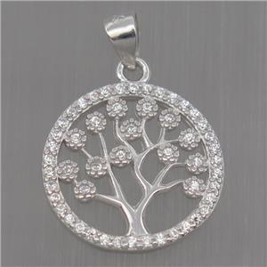 Sterling Silver pendant paved zircon, tree of life, platinum plated, approx 15mm [STS0203]