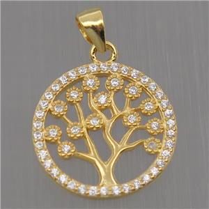 Sterling Silver pendant paved zircon, tree of life, gold plated, approx 15mm [STS0204]