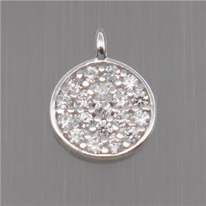 Sterling Silver circle pendant paved zircon, platinum plated, approx 7mm dia [STS0207]