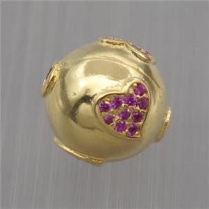 Sterling Silver round beads paved zircon, heart, gold plated, approx 12mm dia [STS0216]