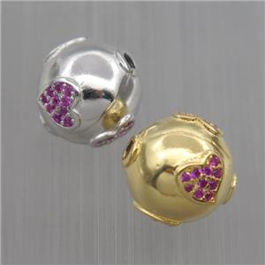 Sterling Silver round beads paved zircon, heart, mixed, approx 12mm dia [STS0217]