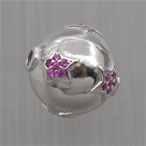 Sterling Silver round beads paved zircon, star, platinum plated, approx 12mm dia [STS0218]