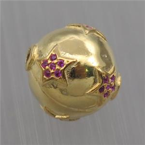 Sterling Silver round beads paved zircon, star, gold plated, approx 12mm dia [STS0219]