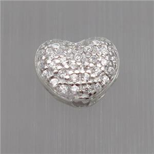 Sterling Silver heart beads paved zircon, platinum plated, approx 9mm dia [STS0230]