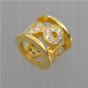 Sterling Silver tube beads paved zircon, gold plated, approx 7.5-9.5mm, 6mm hole [STS0234]
