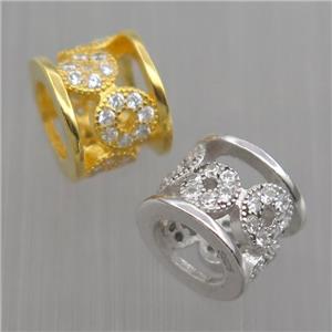 Sterling Silver tube beads paved zircon, large hole, mixed color, approx 7.5-9.5mm, 6mm hole [STS0235]