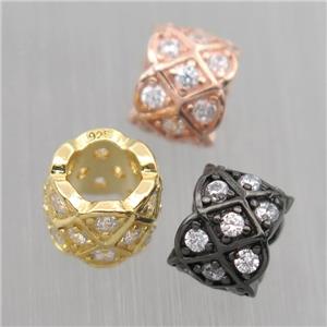 European style Sterling Silver column beads paved zircon, large hole, mixed color, approx 6-8mm, 4.5mm hole [STS0252]