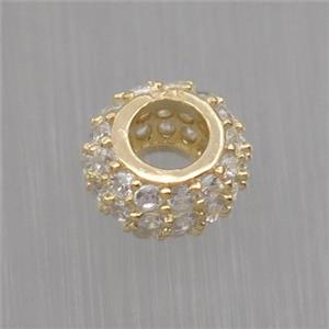 European style Sterling Silver beads paved zircon, rondelle, gold plated, approx 6mm, 3mm hole [STS0258]