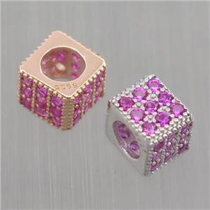 European style Sterling Silver cube beads paved zircon, large hole, mixed color, approx 5x6x6mm, 4mm hole [STS0273]