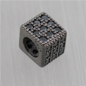European style Sterling Silver cube beads paved zircon, black plated, approx 5x6x6mm, 4mm hole [STS0274]