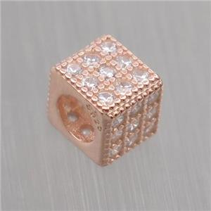 European style Sterling Silver cube beads paved zircon, rose gold, approx 5x6x6mm, 4mm hole [STS0275]