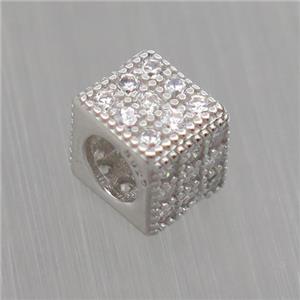 European style Sterling Silver cube beads paved zircon, platinum plated, approx 5x6x6mm, 4mm hole [STS0276]