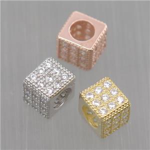 European style Sterling Silver cube beads paved zircon, large hole, mixed color, approx 5x6x6mm, 4mm hole [STS0278]