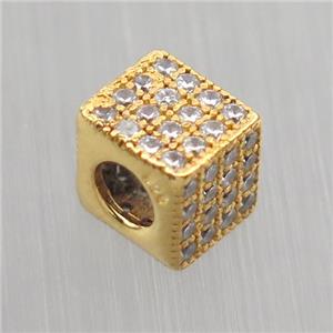 European style Sterling Silver cube beads paved zircon, gold plated, approx 7mm, 4mm hole [STS0279]