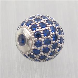 round Sterling Silver beads paved blue zircon, platinum plated, approx 10mm dia [STS0286-10MM]