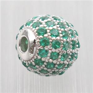 round Sterling Silver beads paved green zircon, platinum plated, approx 8mm dia [STS0295-8MM]