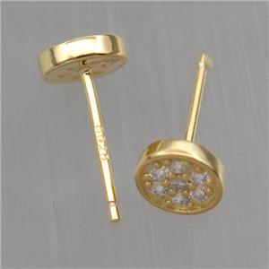Sterling Silver studs Earrings paved zircon, circle, gold plated, approx 6mm [STS0339]