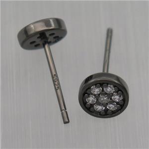 Sterling Silver studs Earrings paved zircon, circle, black plated, approx 6mm [STS0340]