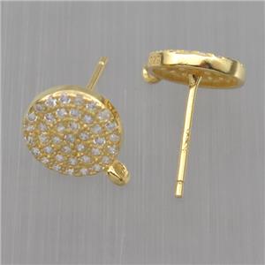 Sterling Silver studs Earrings paved zircon with loop, circle, gold plated, approx 9mm dia [STS0343]