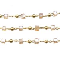 copper chain with crystal glass cube beads, gold plated, approx 2.5mm [CHCL339]