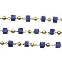 copper chain with blue crystal glass cube beads, gold plated, approx 2.5mm [CHCL347]