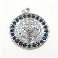 copper lionHead pendant paved zircon, platinum plated, approx 15mm dia [FDZN2317]