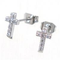 copper cross earring studs paved zircon, platinum plated, approx 5-8mm [FDZN5556]
