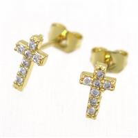 copper cross earring studs paved zircon, gold plated, approx 5-8mm [FDZN5557]