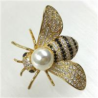 copper honeybee brooches pave zircon with pearl, gold plated, approx 30x40mm [FDZN5616]