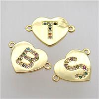 copper letter connector, heart, mix alphabet, gold plated, approx 15-16mm [FN12474]