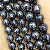 black agate beads, faceted round, light electroplated, approx 12mm dia [GB10625-12MM]