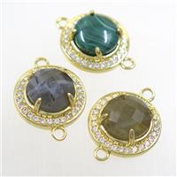 mix gemstone connector pave zircon, flat round, gold plated, approx 10mm, 16mm dia [GM10370]