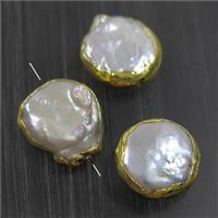 white baroque style Pearl beads, coin, gold plated, approx 12-14mm [GM10794]