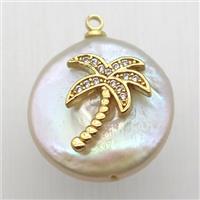 Natural pearl pendant with zircon, coconut tree, approx 16mm dia [GM13027]