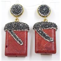red coral earring paved rhinestone, rectangle, approx 20x30mm [GMER065]