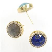 mix gemstone earring studs paved zircon, circle, gold plated, approx 11mm dia [GMER288]