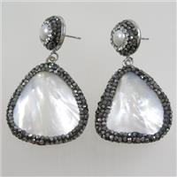 pearlized shell earring paved rhinestone, approx 13mm, 30mm [GMER434]