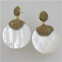 white Shell Earring pave yellow rhinestone, approx 35mm dia [GMER468]